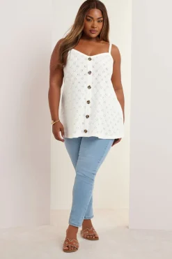 Yours Curve White Broderie Anglaise Button Vest Top