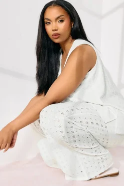 Yours Curve White Broderie Anglaise Wide Leg Trousers