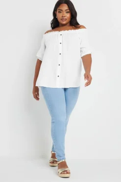 Yours Curve White Chambray Button Detail Bardot Top
