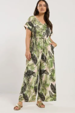 Yours Curve White Palm Print Tie Front Jumpsuit