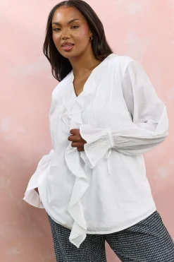 Yours Curve White Ruffle Tie Detail Blouse