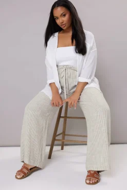 Yours Curve White Striped Linen Tie Front Trousers