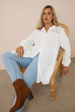 Yours Curve White Tiered Crochet Detail Shirt