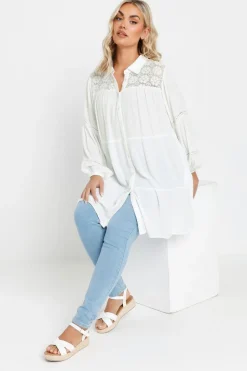 Yours Curve White Tiered Crochet Detail Shirt