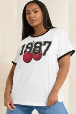 Yours Curve White '1987' Cherry Print T-Shirt