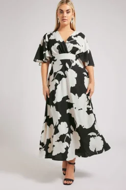 Yours London Curve Black Floral Print Linen Look Wrap Midaxi Dress
