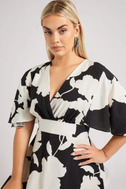Yours London Curve Black Floral Print Linen Look Wrap Midaxi Dress