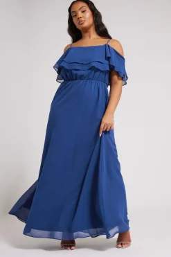 Yours London Curve Cobalt Blue Frill Cold Shoulder Maxi Dress