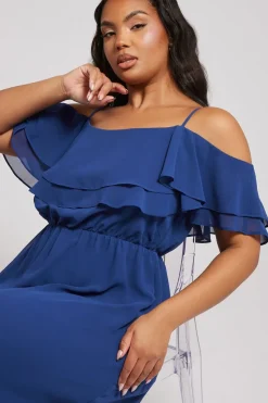 Yours London Curve Cobalt Blue Frill Cold Shoulder Maxi Dress