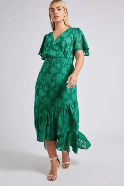Yours London Curve Green Jacquard Floral Wrap Ruffle Hem Dress