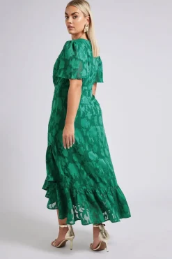 Yours London Curve Green Jacquard Floral Wrap Ruffle Hem Dress