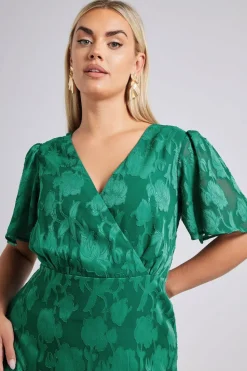 Yours London Curve Green Jacquard Floral Wrap Ruffle Hem Dress
