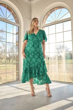 Yours London Curve Green Jacquard Floral Wrap Ruffle Hem Dress