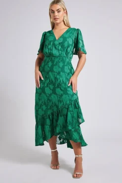 Yours London Curve Green Jacquard Floral Wrap Ruffle Hem Dress