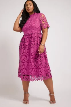 Yours London Curve Magenta Pink Lace Crochet Midi Dress