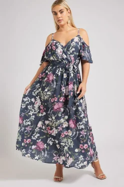 Yours London Curve Navy Blue Floral Cold Shoulder Wrap Dress