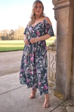 Yours London Curve Navy Blue Floral Cold Shoulder Wrap Dress