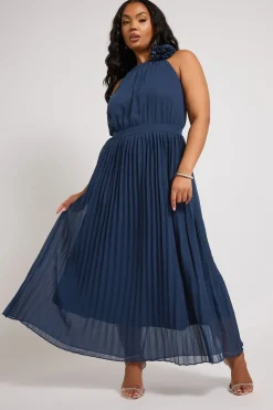 Yours London Curve Navy Blue Corsage Detail Pleated Maxi Dress
