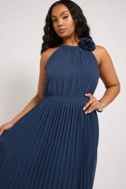 Yours London Curve Navy Blue Corsage Detail Pleated Maxi Dress
