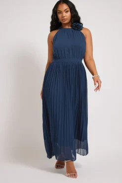 Yours London Curve Navy Blue Corsage Detail Pleated Maxi Dress