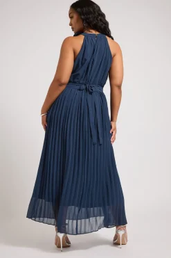 Yours London Curve Navy Blue Corsage Detail Pleated Maxi Dress