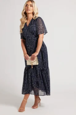 Yours London Curve Navy Blue Metallic Dot Wrap Dress
