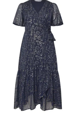 Yours London Curve Navy Blue Metallic Dot Wrap Dress