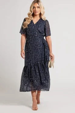 Yours London Curve Navy Blue Metallic Dot Wrap Dress