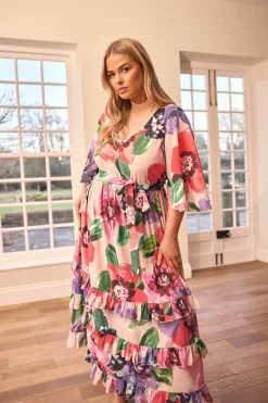 Yours London Curve Pink Floral Print Tiered Maxi Dress