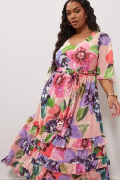 Yours London Curve Pink Floral Print Tiered Maxi Dress