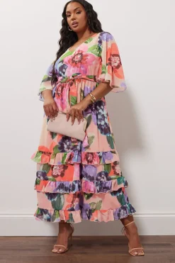 Yours London Curve Pink Floral Print Tiered Maxi Dress