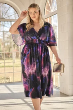 Yours London Curve Purple Abstract Metallic Print Midi Dress