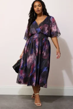 Yours London Curve Purple Abstract Metallic Print Midi Dress