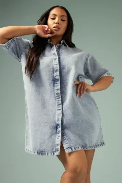 Yours Plus Size Mid Bleach Blue Denim Shirt Dress