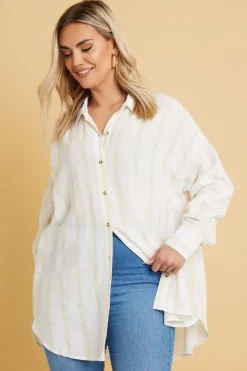 Yours Plus Size Natural Brown Stripe Linen Shirt  Yours Curve