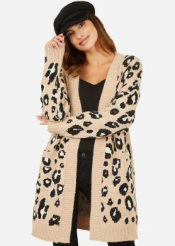 Yumi Beige Animal Print Intarsia Knit Long Cardigan