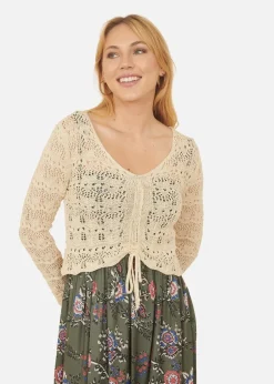 Yumi Beige Crochet Top With Front Ruching