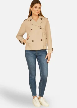 Yumi Beige Cropped Trench Jacket With Pockets & Check Lining