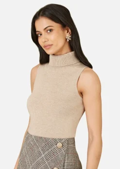 Yumi Beige Knitted Roll Neck Sleeveless Jumper