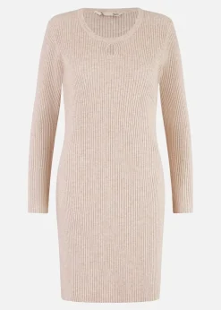 Yumi Beige Rib Knit Tunic Dress With Button Cuffs & Cut Out Detail