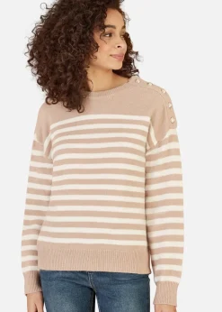 Yumi Beige Stripe Knitted Relaxed Jumper With Button Details