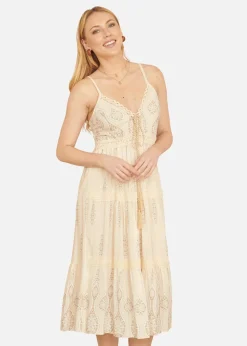 Yumi Beige Viscose Paisley Print Lace Trim Midi Sun Dress