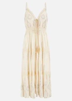 Yumi Beige Viscose Paisley Print Lace Trim Midi Sun Dress