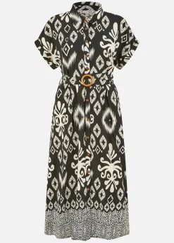 Yumi Black Abstract Geo Print Relaxed Midi Shirt Dress With Belt