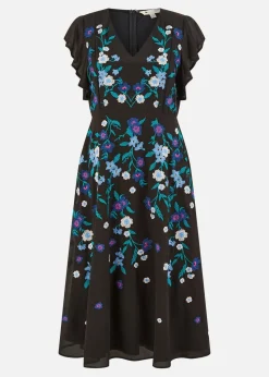 Yumi Black All Over Floral Embroidery Midi Skater Dress
