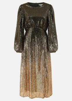 Yumi Black And Gold Sequin Ombre Long Sleeve Midi Dress