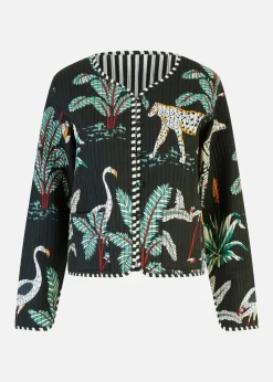 Yumi Black Animal Print Reversible Cotton Cropped Quilted Jacket