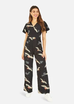 Yumi Black Crane Print Angel Sleeve Jumpsuit