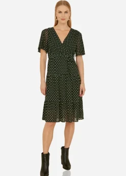 Yumi Black Dot Print Mesh Stretch Midi Skater Dress