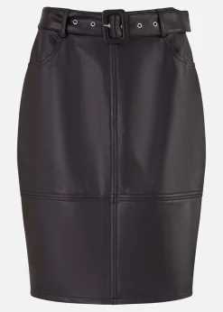 Yumi Black Faux Leather Midi Pencil Skirt With Matching Belt